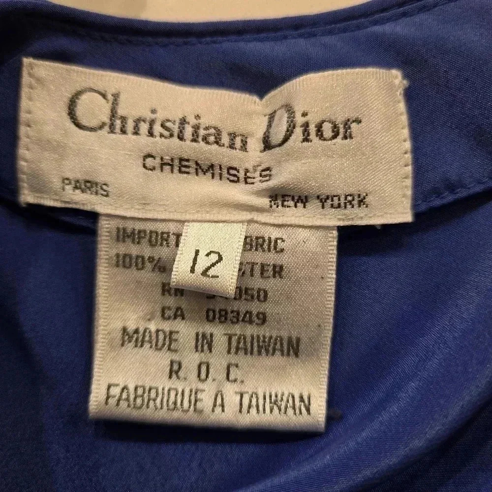 VTG Christian Dior Pleated Long Sleeve Royal Blue Blouse Top Womens Size 12 - Picture 8 of 13